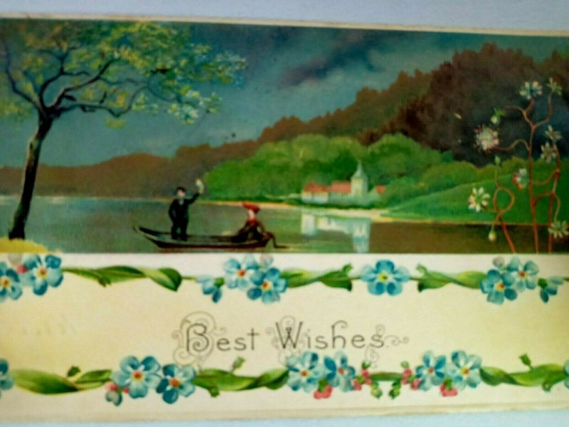 Best Wishes Greetings Man & Woman on Lake Scene Embossed 1908 Vintage Postcard
