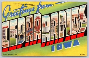 Cedar Rapids Iowa~Green & Yellow Background~Large Letter Vintage Linen Postcard