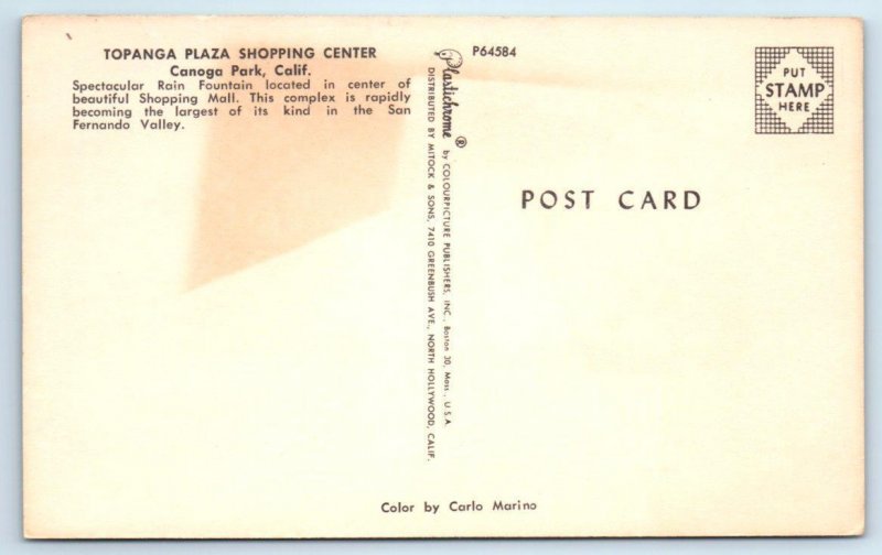 Postcard CA Canoga Park Topanga Plaza Shopping Center Rain