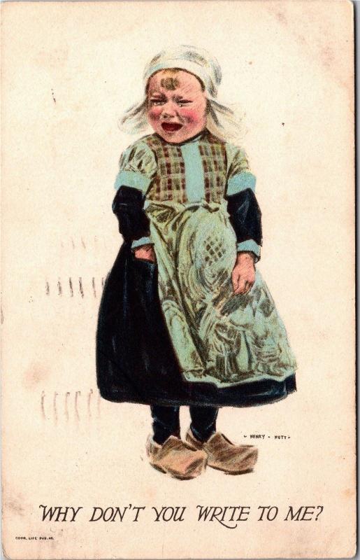 Dutch Girl Crying, Why Don't You Write to Me? Henry Hutt c1915 Vtg Postcard M12