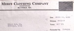 1939 MERIT CLOTHING CO MAYFIELD KY WALLS ORRVILLE OHIO BILLHEAD INVOICE Z268