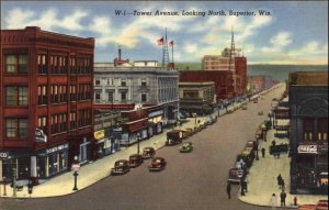 Superior Wisconsin WI Street Scene Birdseye View c1940s Linen Postcard