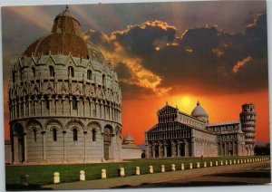 postcard Italy - Pisa Miracle Square monuments at sunset - Tower, Cathedral