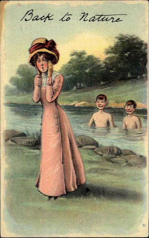 Fancy Woman Sees Skinny Dipping Boys Nudist Naturalist c1910 Vintage Postcard 