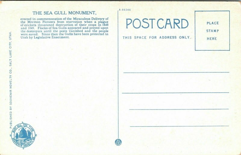 Mormon Pioneers Sea Gull Monument Salt Lake City Utah UT WB Postcard VTG UNP 