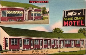 Linen Postcard Stage Coach Motel in Troutville, Virginia~136771