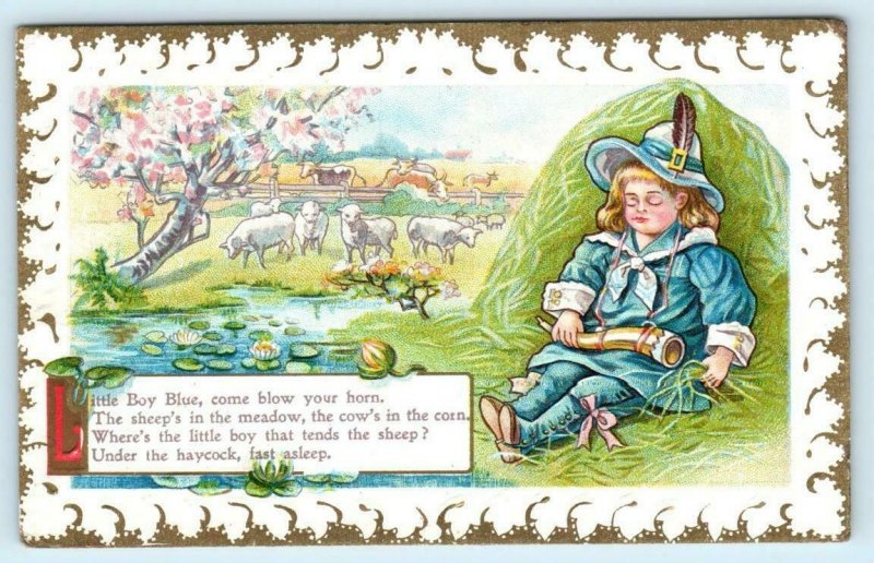 LITTLE BOY BLUE Come Blow Your Horn Embossed NURSERY RHYME  c1910s Postcard