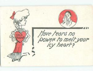 Unused Pre-1907 valentine WOMAN PUTS HEART INTO COLD STORAGE k6823