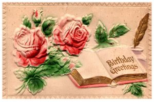 Birthday  Roses, Book, Feather Pen, deep embossed