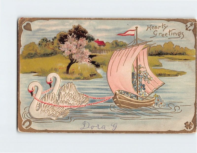 Postcard Hearty Greetings with Flowers Ship Swan Nature Embossed Art Print