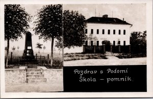 Czech Republic Pozdrav s Podomí Skola Pomník Vintage RPPC 09.76