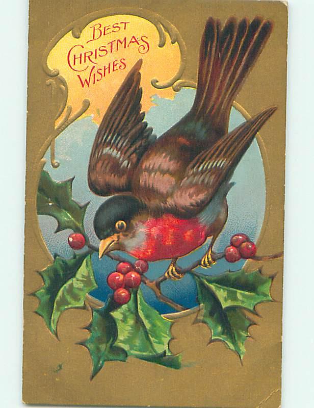Pre-Linen christmas BEAUTIFUL LARGE BIRD ON HOLLY BRANCH hr2792