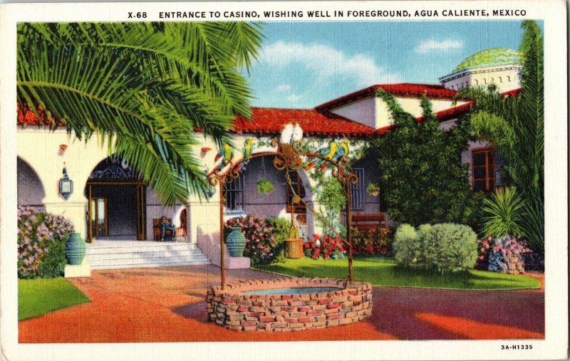 Entrance Casino Wishing Well Foreground Agua Caliente Mexico Vtg Linen Postcard 