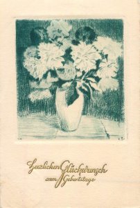 B580 Drawn chrysanthemums flowers vase Birthday greetings postcard Germany 1932