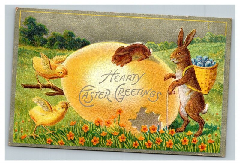 Vintage 1910's Winsch Back Easter Postcard Giant Egg Bunny Backpack Cute Chicks