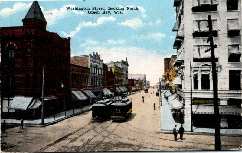 Postcard WI Green Bay Washington Street Looking North Streetcars Shops 1916 H26