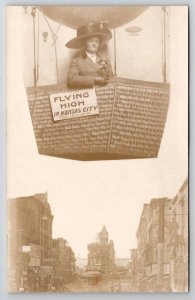 RPPC Flying High in Kansas Woman Hot Air Balloon Basket Studio Prop Postcard G22