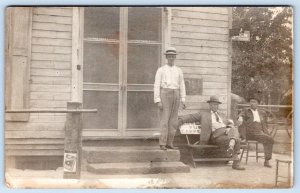 1910's ERA RPPC TOBACCO ADVERTISING*CHEW PAN HANDLE SCRAP*MEN*BENCH*PORCH*CHAIR