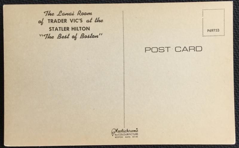 Postcard Unused Trader Vic's at Statler Hilton Boston MA LB