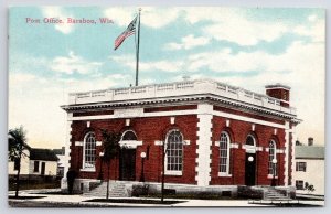 Baraboo Wisconsin~Post Office~US Flag~Streetlamps~EC Kropp Vintage Postcard