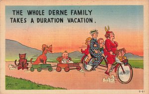 WHOLE DERNE FAMILY VACATION-6 PEOPLE RIDE TANDEM BICYCLE- COMIC CYCLING POSTCARD