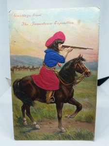 Young Girl on Horse with Rifle The Jamestown Exhibition Embossed USA Postcard