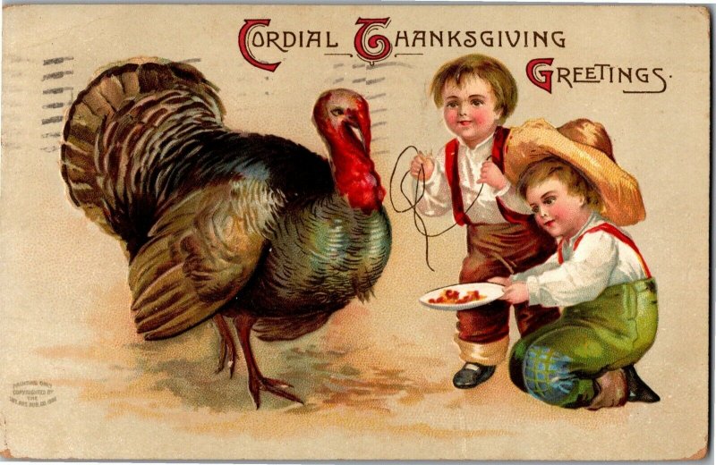 Boys Trying to Catch Turkey Thanksgiving Unsigned Clapsaddle? c1908 Postcard U03
