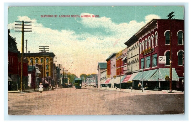 Superior Street Looking North Albion Michigan 1912 Wauseon OH Trolley Postcard 