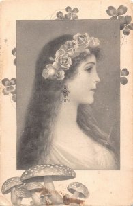 Glamour 1906 Beautiful Lady Rose Crown Shamrocks Mushroom postcard B992
