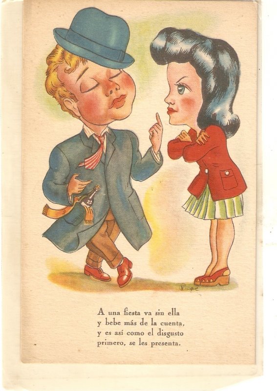 Comic couple. A una fiesta va sin ella.. Humorous vintage Spanish PC