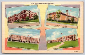 Hamilton Ohio~High Schools Multi-View~Roosevelt Jr~Catholic~Vtg Linen Postcard