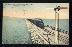 Great Salt Lake, Utah/UT Postcard, Lucin Cut-Off, Railroad/RR Train, 1914!