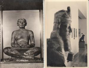 The squatting scribe statuette & Tehran museum statuettes photo postcards