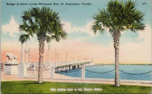 St Augustine FL Bridge of Lions Matanzas Bay Unused Tichnor Linen Postcard G78