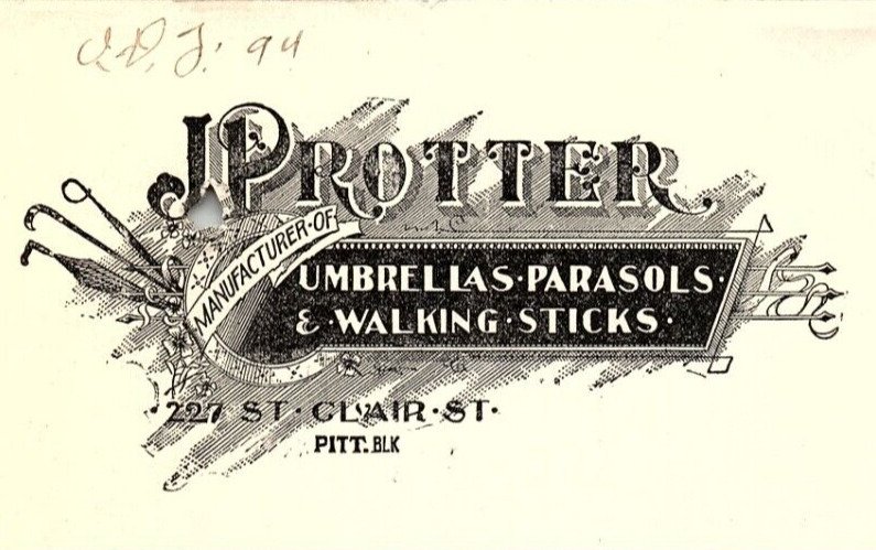 1899 J. PROTTER UMBRELLAS PARASOLS WALKING STICKS CLEVELAND OHIO BILLHEAD  Z797
