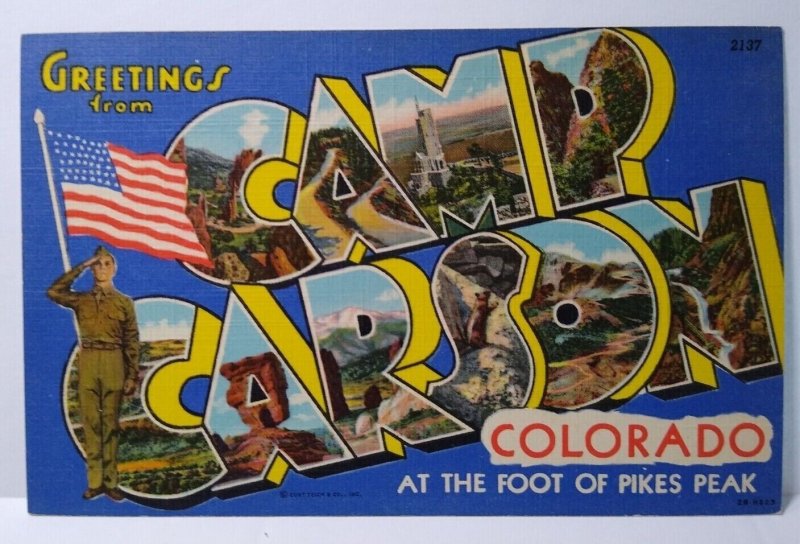 Greetings From Camp Carson Colorado Large Letter Linen Postcard Soldier US Flag