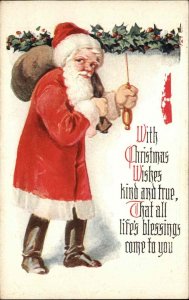 Christmas Santa Claus Toy Bag Holly c1900s-10s Postcard