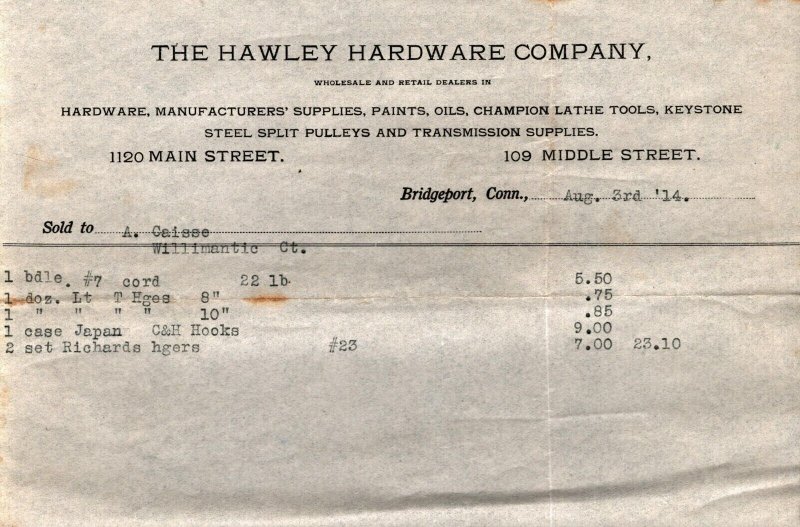 1914  Bridgeport  Connecticut  The Hawley Hardware Co.  Receipt  8 x 5