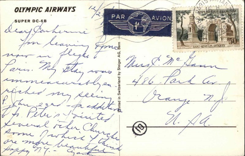 Olympic Airways Airplane in flight Super DC-6B Used Postcard 
