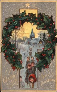 Christmas Children Leaving Church Snow Cross Border Christianity c1910 Postcard