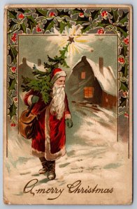 Christmas~Old Style Santa~Long Robe~Tree w/Lit Star~Snowy Homes~1910 Germany