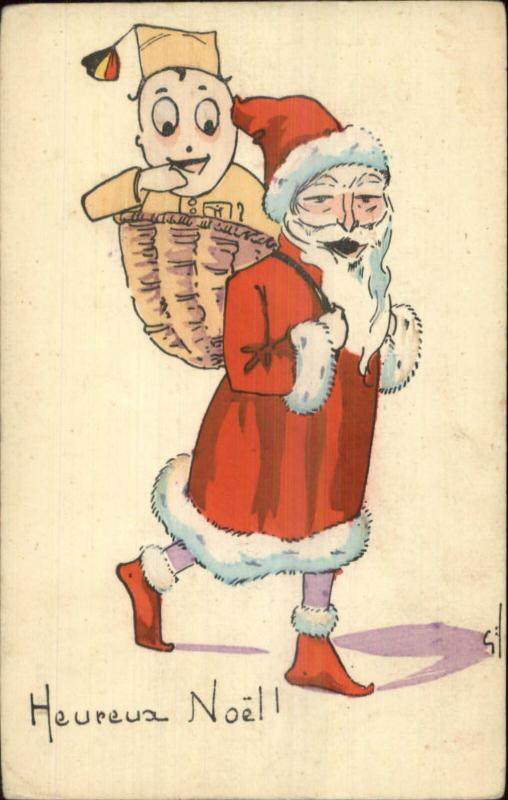 Belgian Christmas - Unusual Santa Claus Soldier in Backpack c1915 Postcard