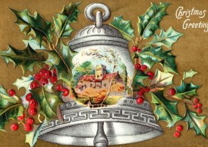 C. 1910 Christmas Bell Church Holly Berries Embossed Vintage Postcard F33
