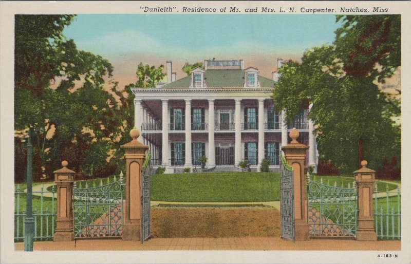 Postcard Dunleith Residence Mr and Mrs LN Carpenter Natchez MS Mississippi