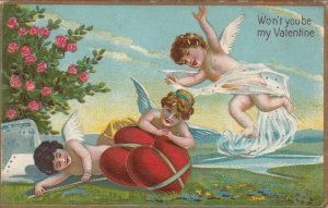 VALENTINE, PU-1913; Cupids frolicking with tied up red hearts, Rose Bush