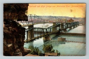 Dubuque IA- Iowa, Railroad, High Bridge Mississippi River Vintage c1908 Postcard