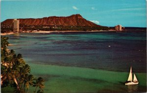 Hawaii HI Vacationland Sailboat City Mountains Shore Line Chrome Postcard Unused 
