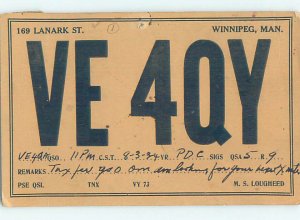 1930s QSL RADIO CARD Winnipeg Manitoba MB AH3258