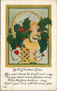 Christmas Girl Doll Flower Basket 1921 Hastings Mich to Columbia NJ Postcard T19