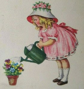 Birthday Postcard Girl Pink Dress Flowers Watering Can Stecher Series 924 A   